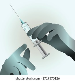 Hand in blue medical gloves holding syringe. Vaccination concept.