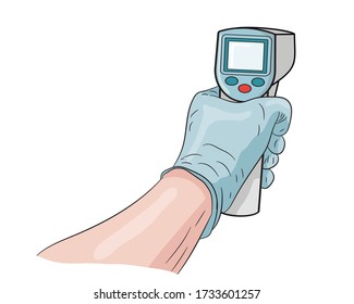 Hand in blue medical gloves holds a thermometer to measure body temperature at a distance during the Covid-19 outbreak. Coronavirus pandemic prevention. Vector illustration.