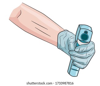 Hand in blue medical gloves holds a thermometer to measure body temperature at a distance during the Covid-19 outbreak. Coronavirus pandemic prevention. Vector illustration.