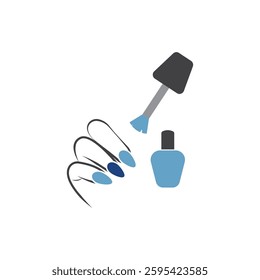 Hand with blue nail polish a brush and a bottle of nail polish icon