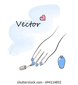 Hand with blue nail polish in vector