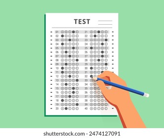 Hand With Blue Pencil Filling out Answers on Exam Test Answer Sheet, Flat Style