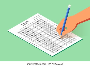 Hand With Blue Pencil Filling out Answers on Exam Test Answer Sheet, Flat Isometric Style