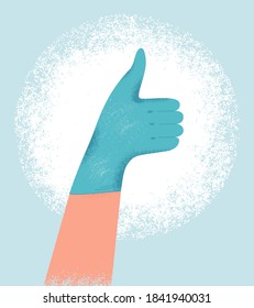 Hand in a blue protective latex glove with thumb up. Coronavirus prevention concept., Protection against Covid-19, viruses and bacteria. Flat vector illustration isolated on abstract background