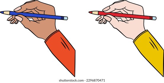 Hand with Blue and Red Pencil. Mockup. Vector Drawings of Hands with Pencils