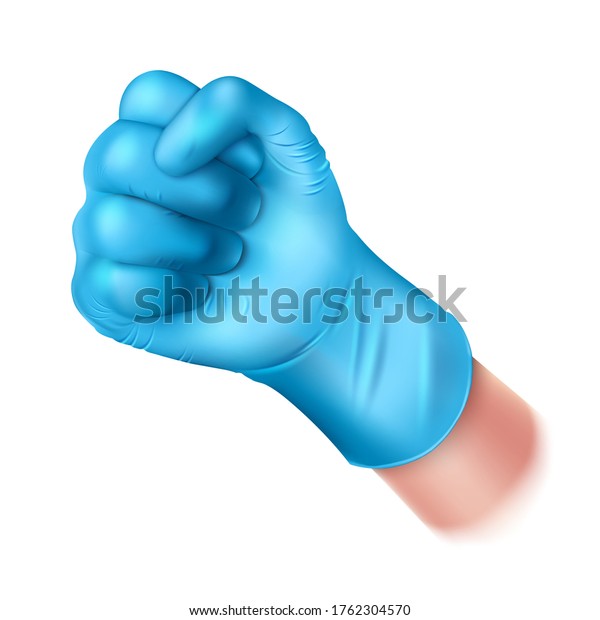 青いゴム手袋を手に入れなさい 手のジェスチャー 握り拳 リアルな3dイラスト 白い背景に のベクター画像素材 ロイヤリティフリー