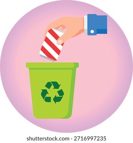 Mano en la manga azul que cae la lata rayada roja y blanca en el cubo de reciclaje verde