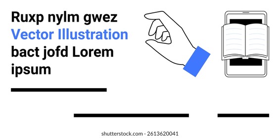 Hand with blue sleeve gesturing, smartphone displaying open book, and placeholder text with lines. Ideal for education, technology, app design, user interface, digital tools, graphic design