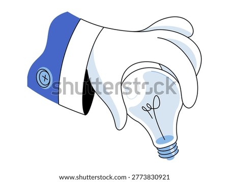 Hand in a blue sleeve holding a light bulb vector illustration. Startup growth, idea generation, business solutions, brainstorming, insight, creative vision. Human arm grasping lamp