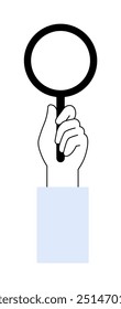 A hand with a blue sleeve holds a black magnifying glass. Ideal for search, discovery, investigation, analysis, research themes.
