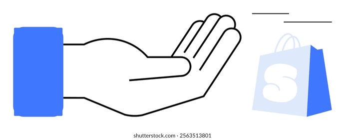 A hand with blue sleeve reaching towards a blue shopping bag with letter S. Ideal for online shopping e-commerce payment transactions consumerism retail. Minimalist line art