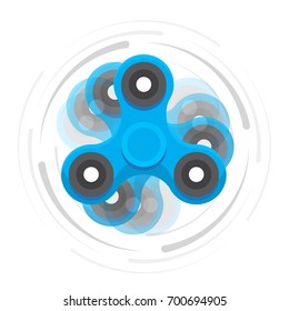 Hand blue spinner in motion. Toy for increased focus, stress relief. Fidget relax and meditation. Flat icons. Colored moving spinner. Gadget plaything. Vector illustration art.
