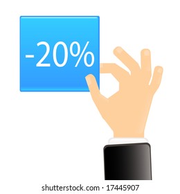 hand with blue tag showing symbol of percent, vector illustration.