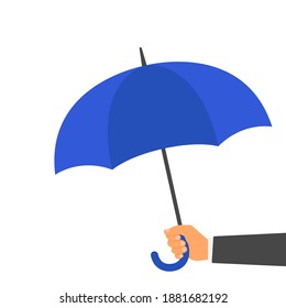 Hand with blue umbrella isolated on white background. Vector illustration. Flat design