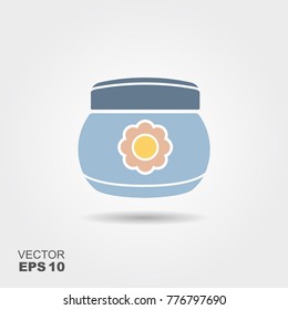 Hand and body cream jar flat round icon with long shadows.