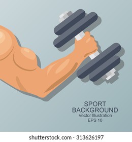 Hand Of Bodybuilder. Brawny Arm With Dumbbell Isolated. Flat Style. Logo. Sports Emblem, Icon.  Vector  Illustration.