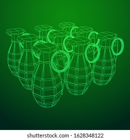 Hand bomb frag grenade wireframe low poly mesh vector illustration