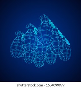 Hand bomb frag grenade wireframe low poly mesh vector illustration