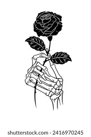 Hand Bone Holding a Black Rose Isolated