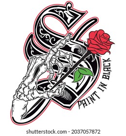 Hand bone with Letter S in ornament and red rose skate design Text Paint in Black