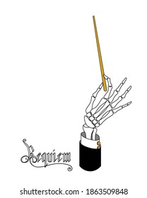 hand bones with conductor baton, skeleton part, doomsday requiem, apocalyptic mystical show, vector illustration  with black contour lines isolated on white background in cartoon and flat design