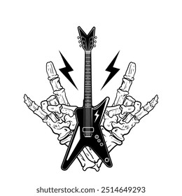 Hand bones gesture metal symbol with electric guitar symbol monochrome black and white tattoo vintage for tattoos, band t-shirts and T-shirt print, poster. Musical instrument. Badge, logo art