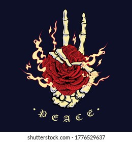 huesos de mano con una pose pacífica y sosteniendo una rosa