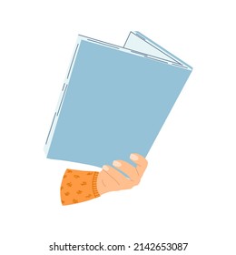 Hand with book in cartoon flat style. Concept of World book day, studying, learning . Vector illustration of open dictionary, encyclopedias, planner.