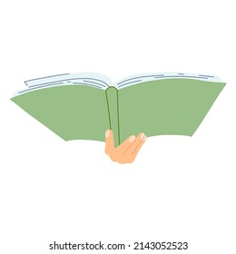 Hand with book in cartoon flat style. Concept of World book day, studying, learning . Vector illustration of open dictionary, encyclopedias, planner.