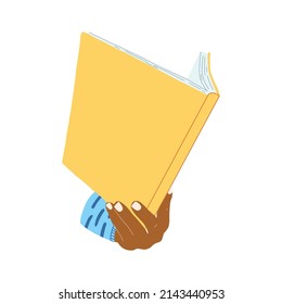 Hand with book in cartoon flat style. Concept of World book day, studying, learning . Vector illustration of open dictionary, encyclopedias, planner.