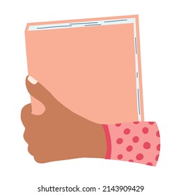Hand with book in cartoon flat style. Concept of World book day, studying, learning . Vector illustration of open dictionary, encyclopedias, planner.