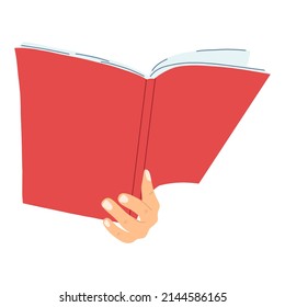 Hand with book in cartoon flat style. Concept of World book day, studying, learning . Vector illustration of open dictionary, encyclopedias, planner.