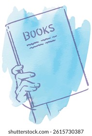 A hand and a book colored with watercolor. Vector sketch illustration.