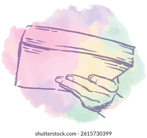 A hand and a book colored with watercolor. Vector sketch illustration.