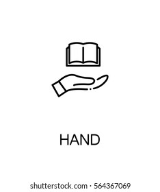 Hand with book icon. Single high quality outline symbol for web design or mobile app. Thin line sign for design logo. Black outline pictogram on white background