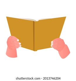 Hand with book isolated on white background. Open book in people hands, education concept. Empty notebook open page in student hands. Vector illustration.