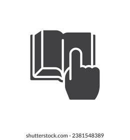 Mano con icono del vector del libro. signo plano relleno para concepto móvil y diseño web. Icono de lectura de libros de glifo. Símbolo educativo, ilustración del logo. Gráficos vectoriales