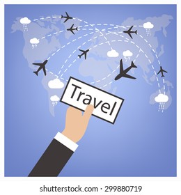 Hand booking flight by smart phone with airplane destination routes background