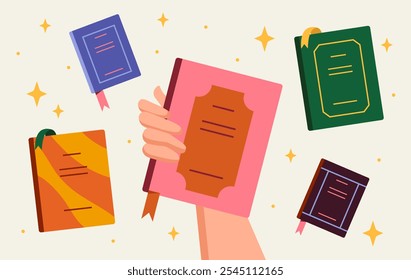 Mãos com livros. Braço com livros e ficções. Amor à leitura e à literatura. Educação e formação, aprendizagem. Cartaz ou banner. Ilustração de vetor plano isolada no plano de fundo bege