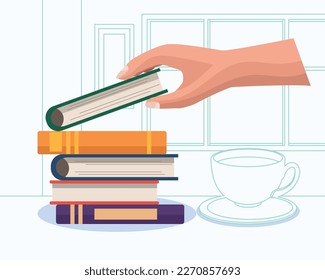 hand with books and coffee icon