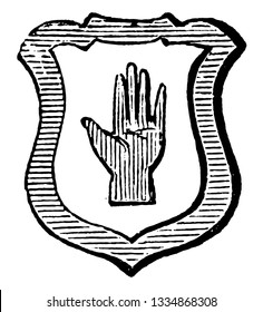 Hand and Bordure was the most ancient difference in coats of arms, vintage line drawing or engraving illustration.