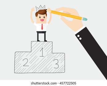 hand of boss holding a pencil and draw victory business man getting award
