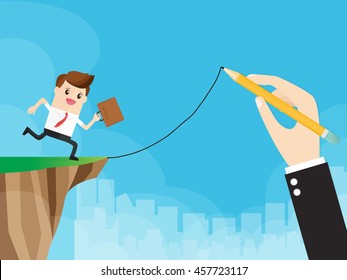 hand of boss holding a pencil and draw growth line graph with businessman follow
