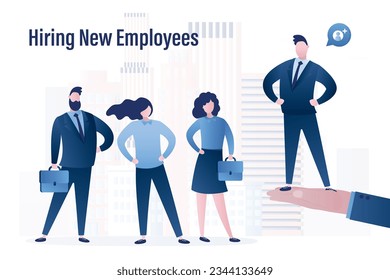 Hand of the boss or HR agent adds a new employee to team of workers. Staff expansion, search for new employees, hiring. The concept of recruiting to profitable company. Business team portrait. vector