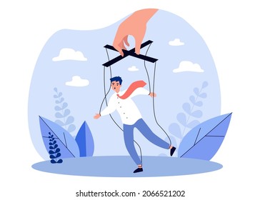 Hand of boss manipulating businessman puppet. Man marionette hanging on ropes flat vector illustration. Manipulation, authority, leadership concept for banner, website design or landing web page