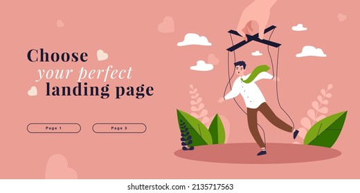 Hand of boss manipulating businessman puppet. Man marionette hanging on ropes flat vector illustration. Manipulation, authority, leadership concept for banner, website design or landing web page
