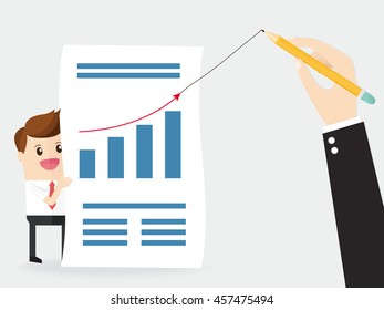 hand of boss use a pencil and draw growth line graph with businessman holding report
