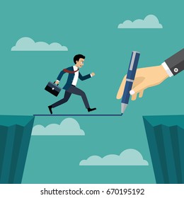hand of boss using a pencil draw path cross gap of mountain with business man running on the way.