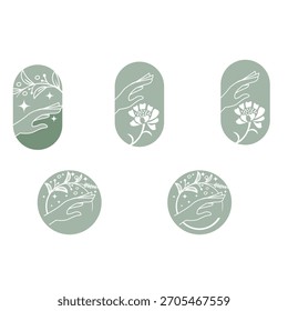 Hand mit botanischen Elementen und Sternen, modernes Wellness Logo Design