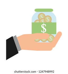 hand and bottle with coins dollar isolated icon
